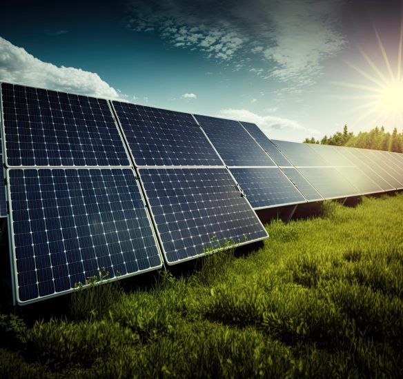 photovoltaic solar power panel in the field, green clean Alternative power energy concept.